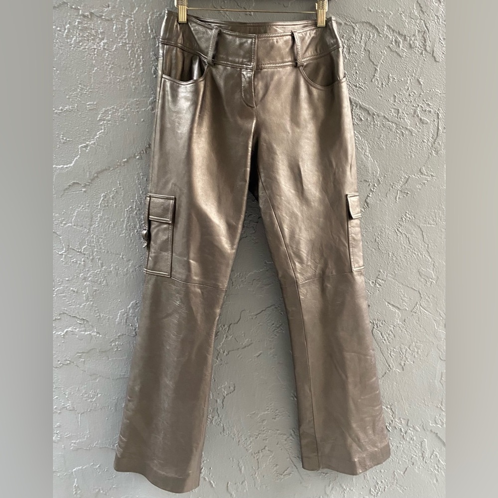 Y2K  Cache 100% Leather Cargo Pants Flared Flare Metallic Bronze Low Rise SZ 4